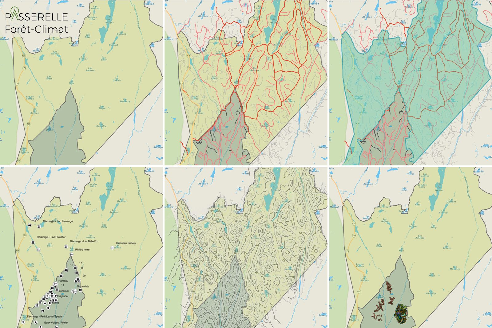 Image présentant 6 cartes d'un même lieu avec des filtres différents.