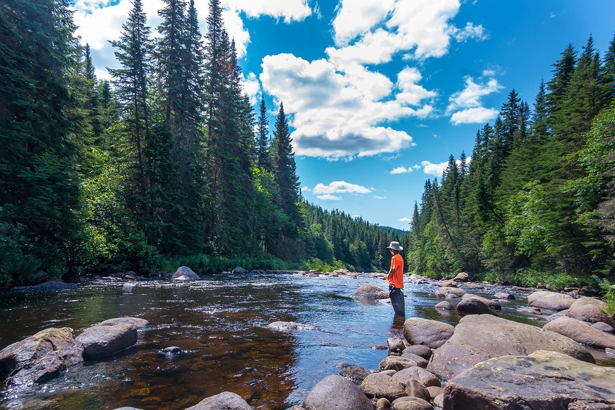 Jeune homme pêchant en rivière