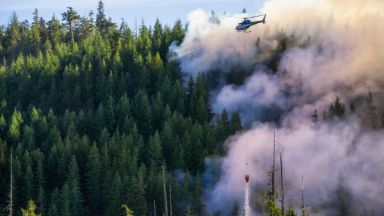 Un avion-citerne vole au-dessus d'un feu de forêt