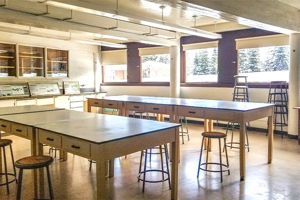 Auditorium montrant des chaises en bois en rangées devant un écran