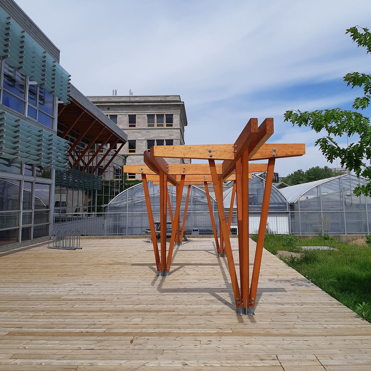 Pergola sur une terrasse extérieure à l'Université Laval