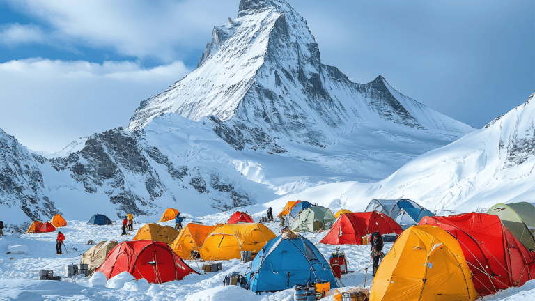 Camping sur une montagne enneigée
