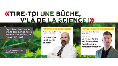 Visuel de promotion des conférences scientifiques sur les projets de recherche à la Forêt Montmorency.
